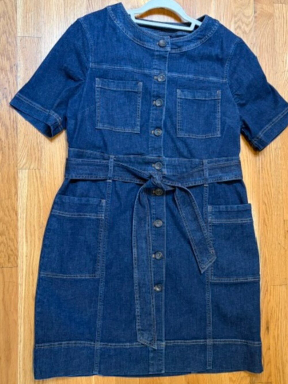 Boden Belted Denim Shirt Dress/Utility Dress Short Sleeve Front Tie Size 12